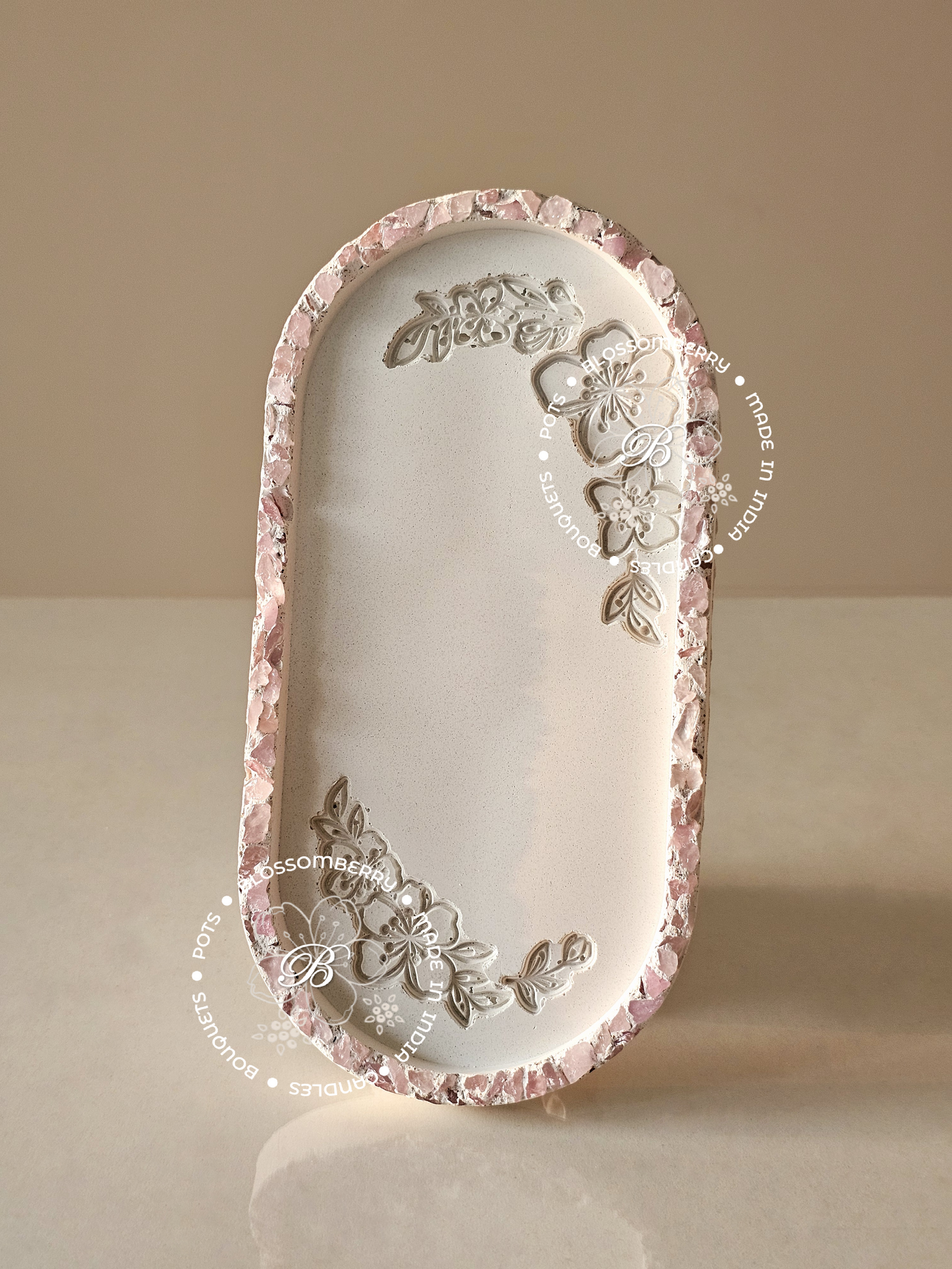 Cherry Blossom Embossed Oval Tray With Pink Stones