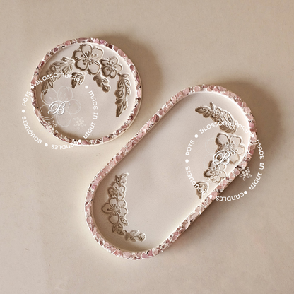 Cherry Blossom Embossed Oval Tray With Pink Stones