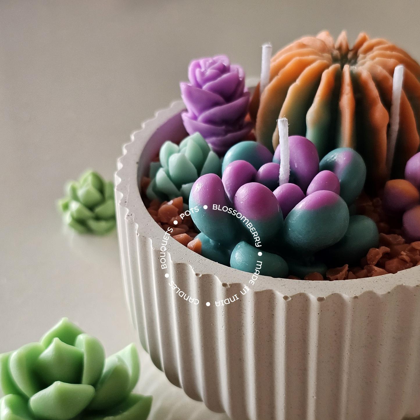 Succulent Candles In Ribbed Pot